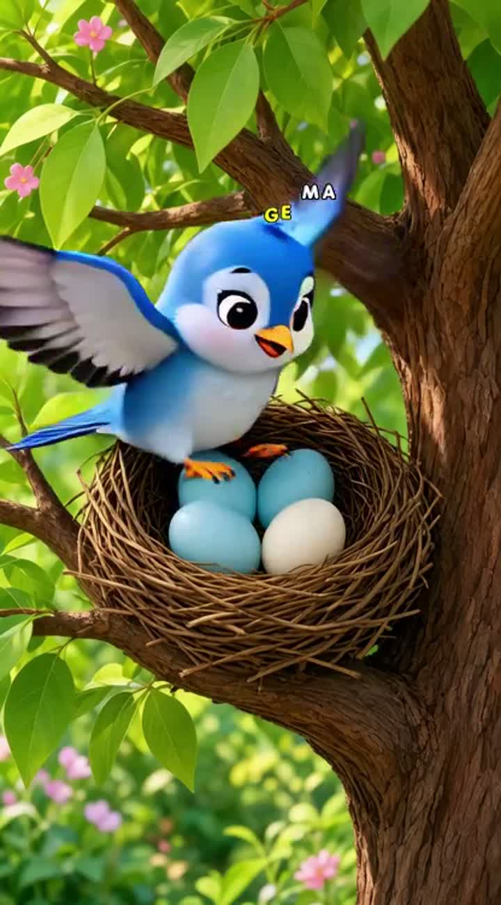 A small bird builds a nest in a tree and lays several eggs — AI cartoon