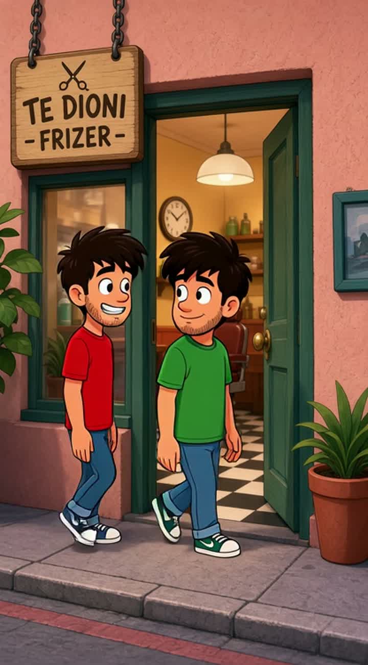 Toto dhe Labi hyjnë te frizeri i Dionit — AI cartoon