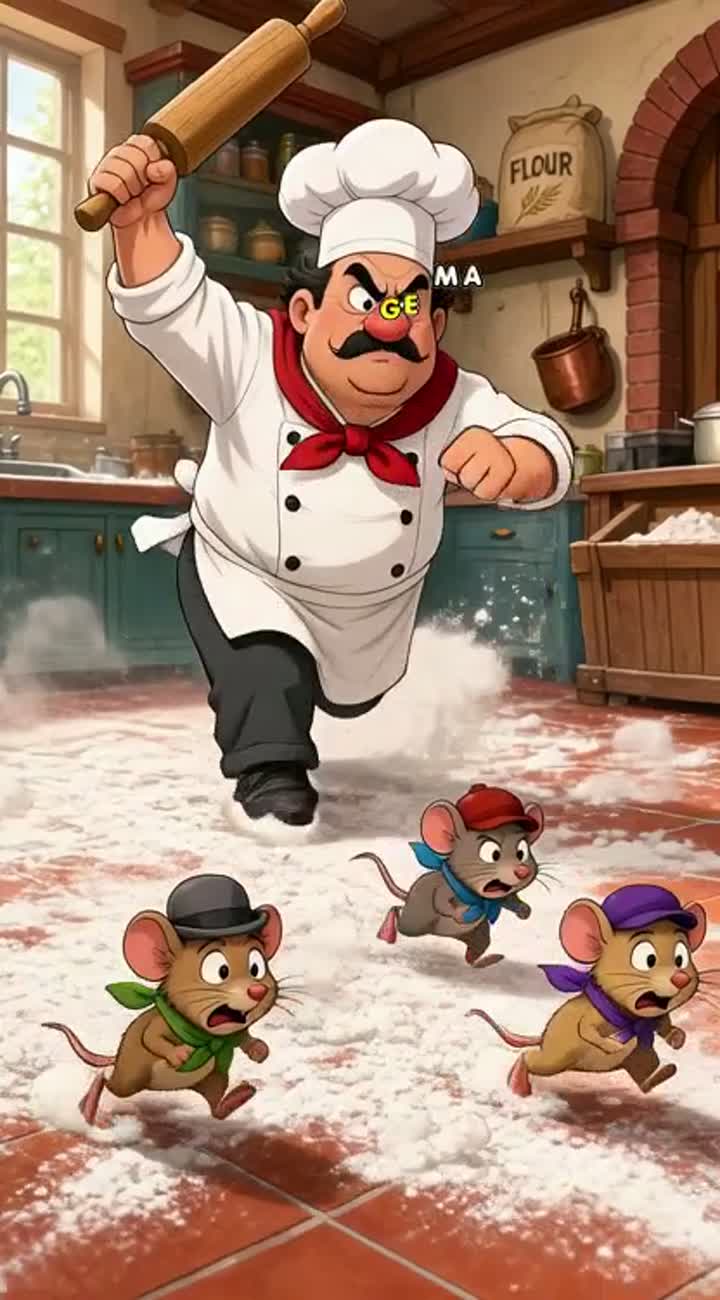 A furious cartoon chef armed with a rolling pin frantically… — AI cartoon