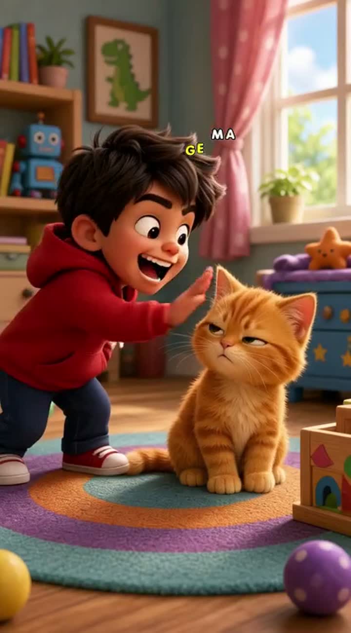 A funny 3D cartoon of a naughty little boy teasing a cute orange cat — AI cartoon