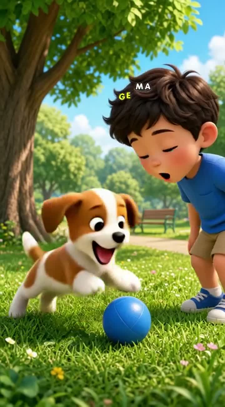 A cute little boy in a blue shirt meets a playful puppy in a sunny… — AI cartoon