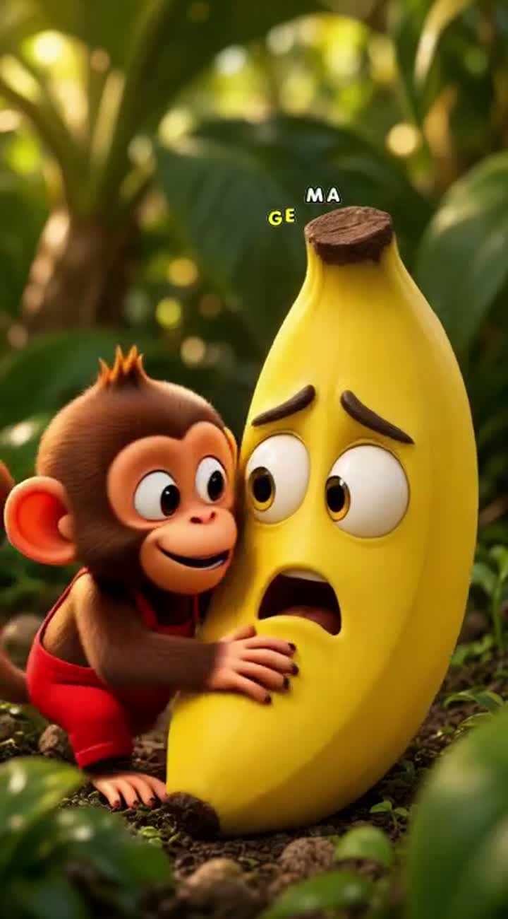 The monkey takes one tiny playful bite of the magical banana — AI cartoon