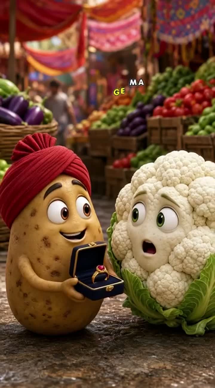 The potato proposes to the cauliflower in a colourful Indian… — AI cartoon