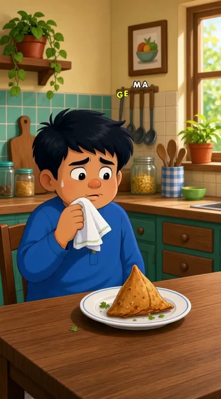 In a kitchen, Balu secretly eats the last samosa — AI cartoon