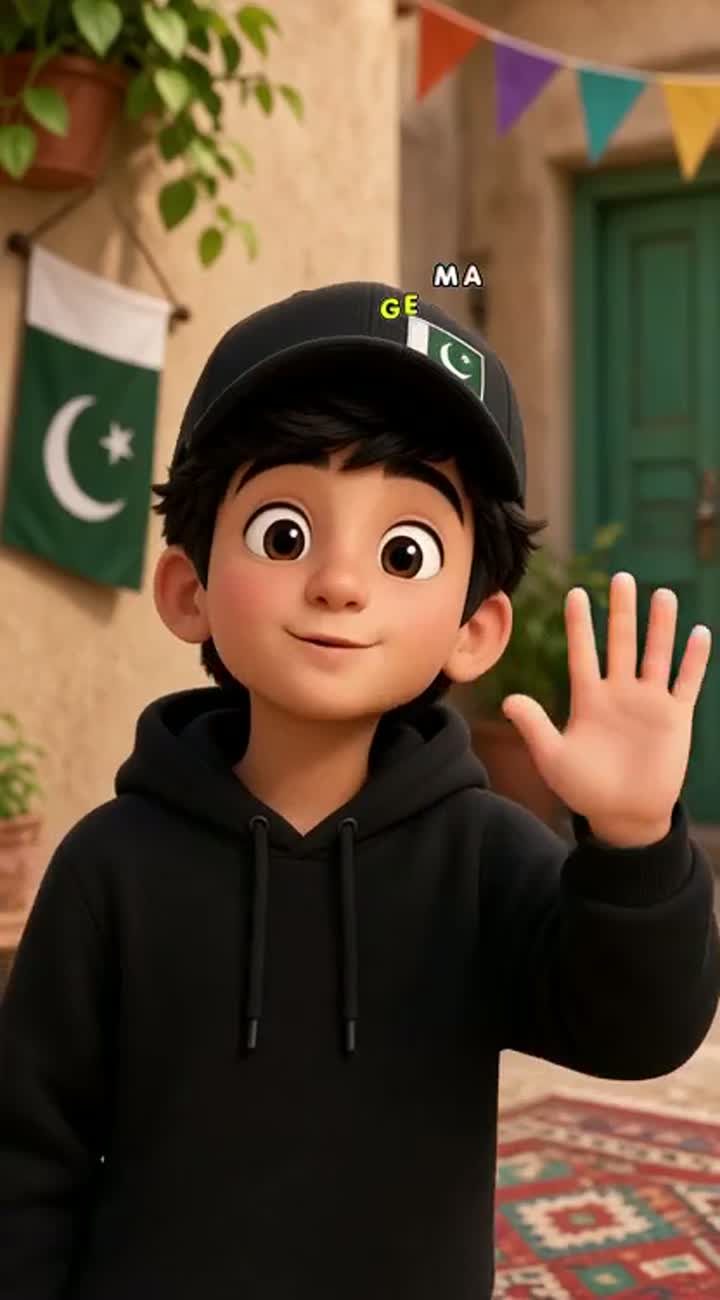 Funny 3D cartoon video of a cute Pakistani boy wearing a black… — AI cartoon