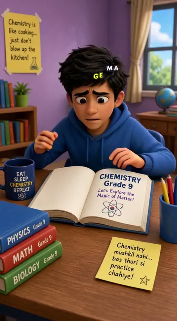 A funny Grade 9 Chemistry cartoon about a confused student… — AI cartoon