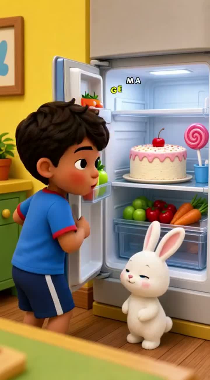 A little boy opens the refrigerator and sees a cake… — AI cartoon