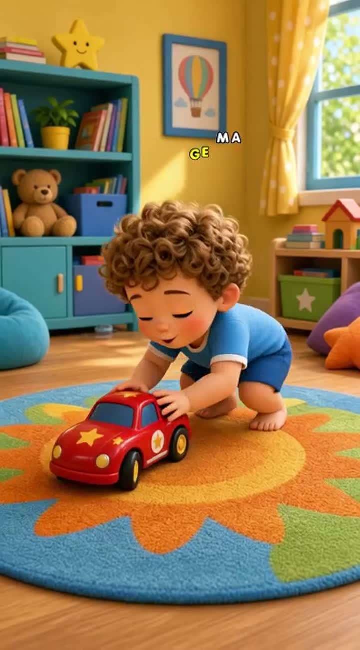 A two‑year‑old boy with curly light‑brown hair is playing… — AI cartoon