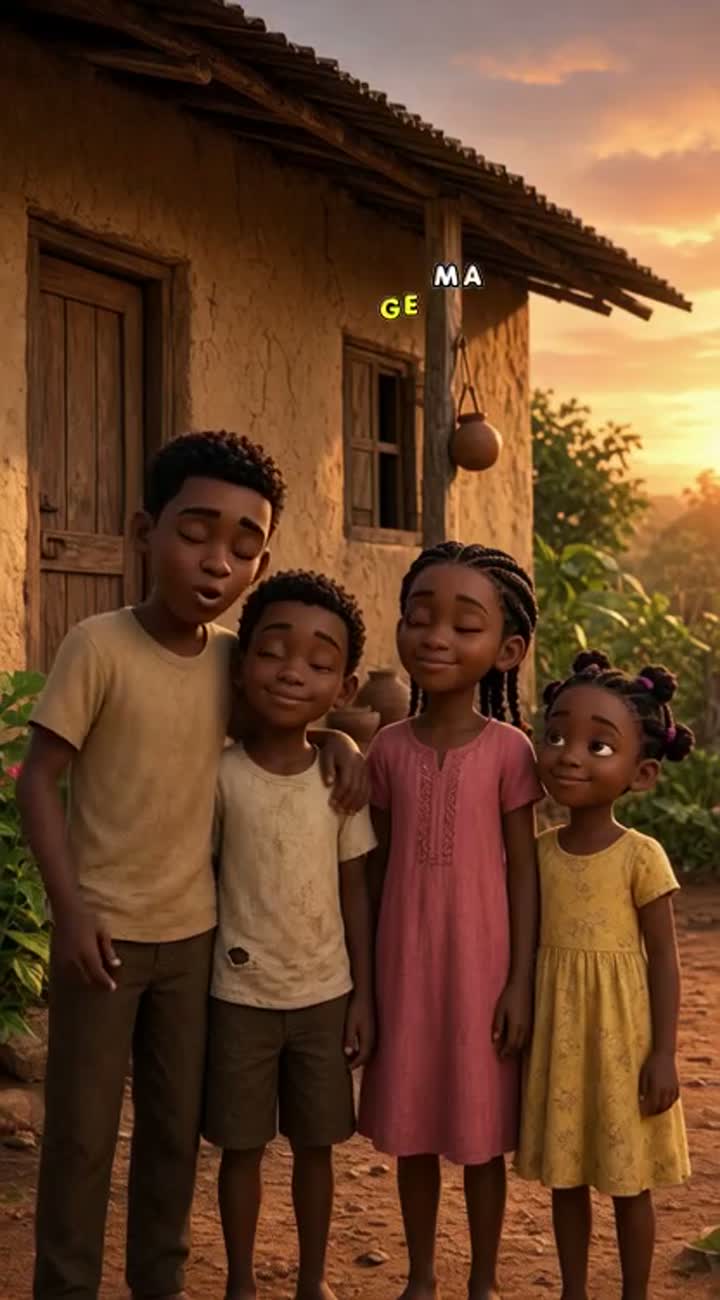 Beautiful 3D animated cartoon scene featuring four African… — AI cartoon
