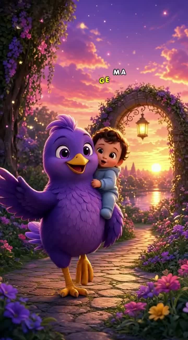 Same purple bird and baby continue walking toward a beautiful… — AI cartoon