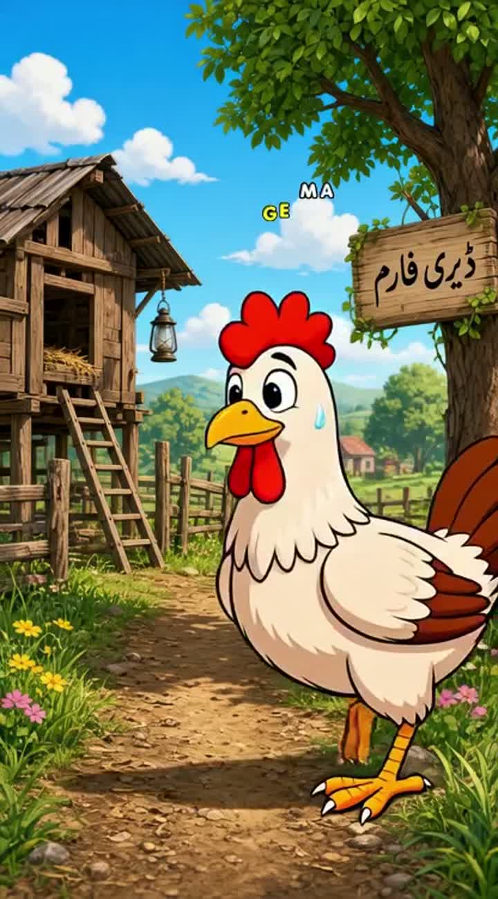 A farmer speaks to his chicken every day, saying in Urdu… — AI cartoon