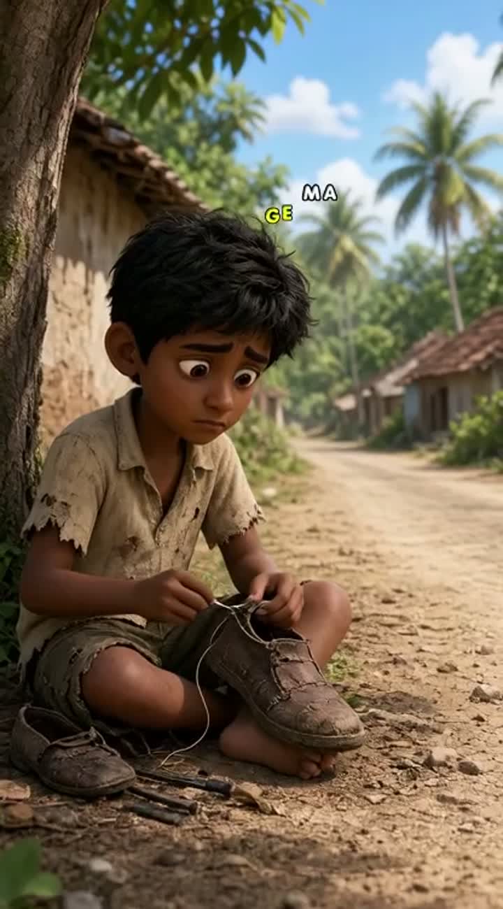 A poor 12-year-old Sri Lankan boy sitting beside a dusty village… — AI cartoon