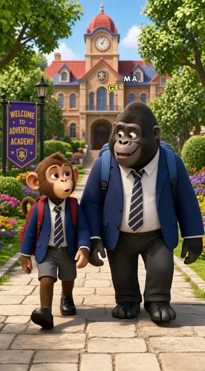 A cute monkey and a friendly giant gorilla wearing school uniforms… — AI cartoon