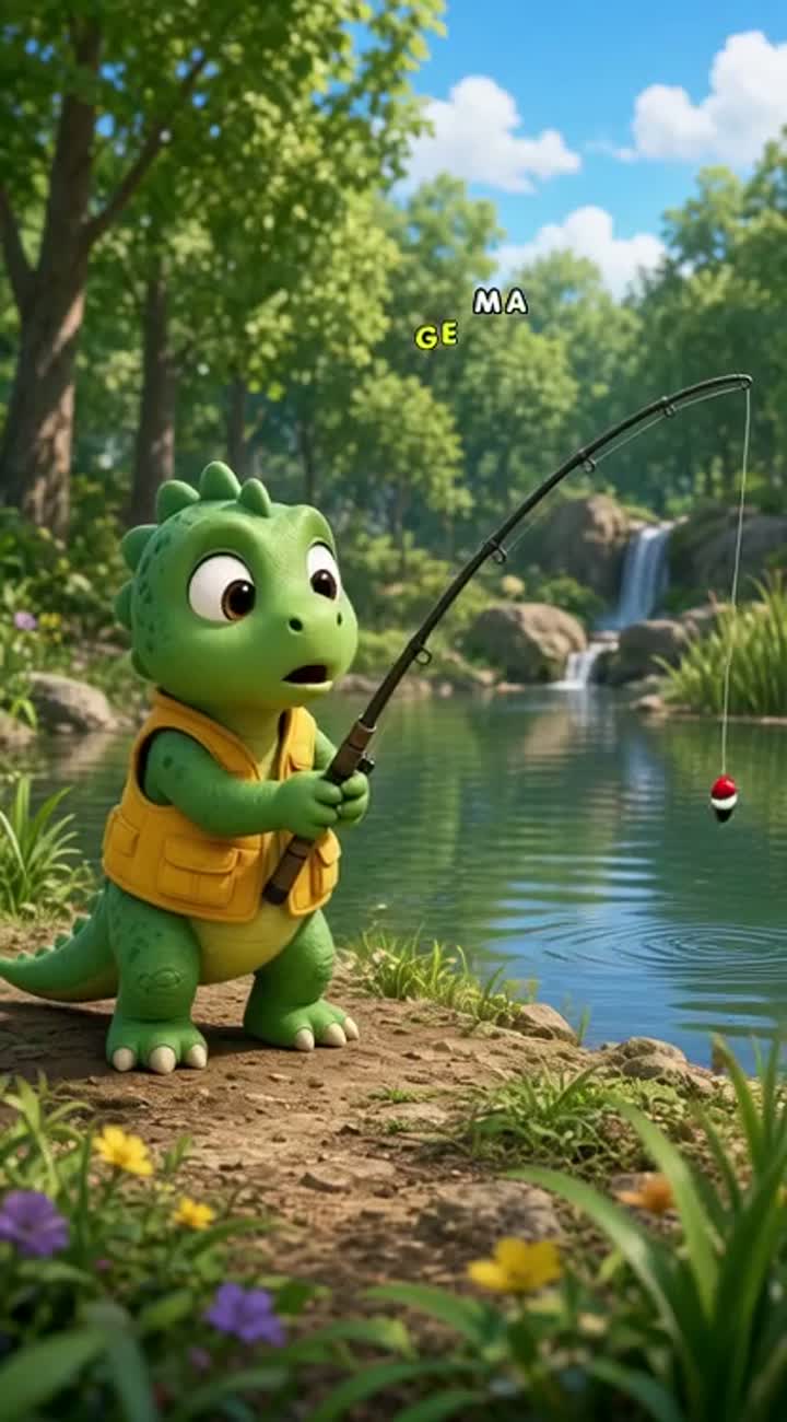 A cute little green baby dinosaur wearing a yellow fishing vest… — AI cartoon