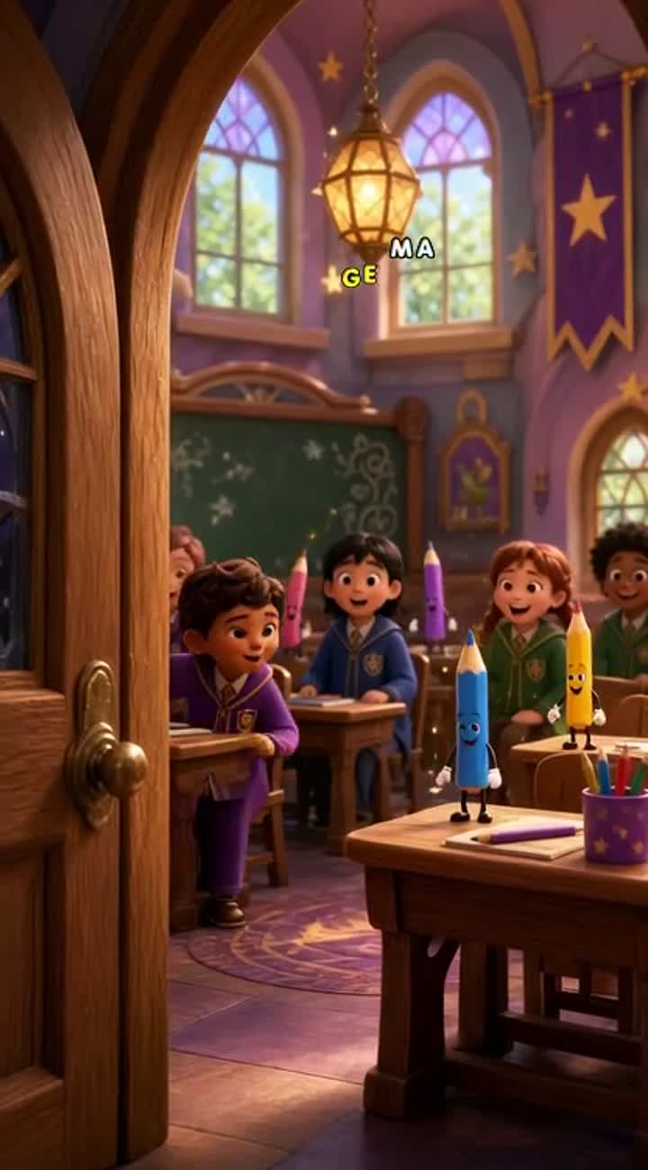 A cute little boy enters a magical school classroom where pencils… — AI cartoon