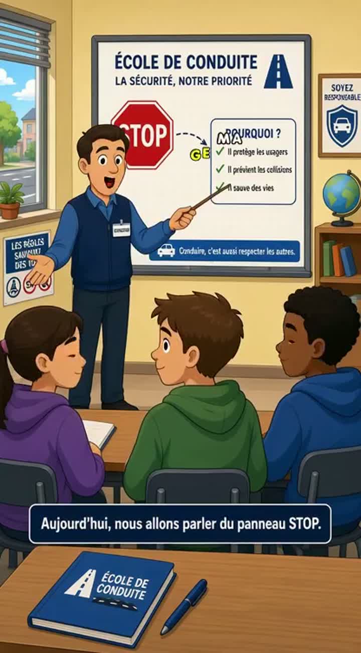 Educational 2D cartoon in French about road safety — AI cartoon