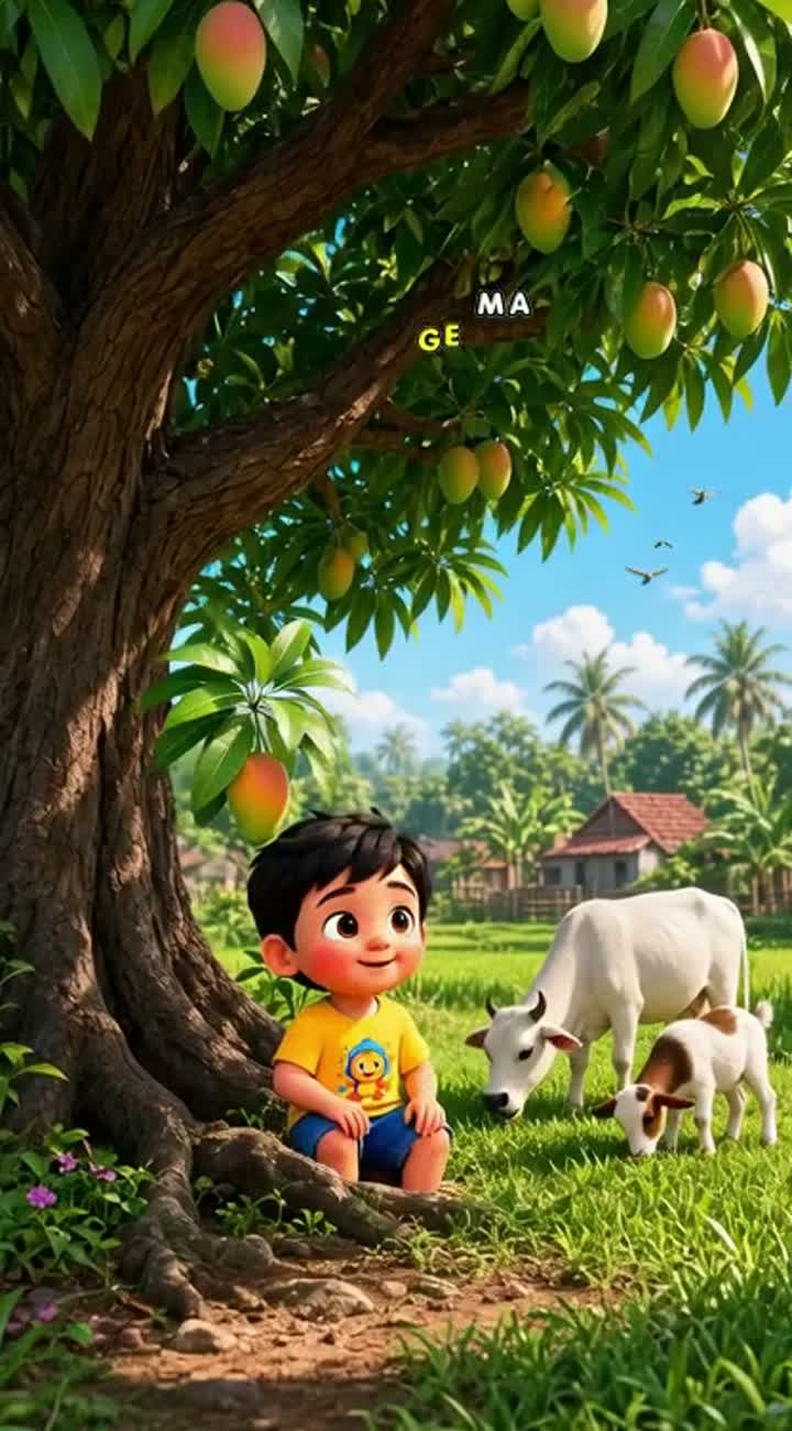 A cute 3D cartoon boy sitting under a big mango tree… — AI cartoon