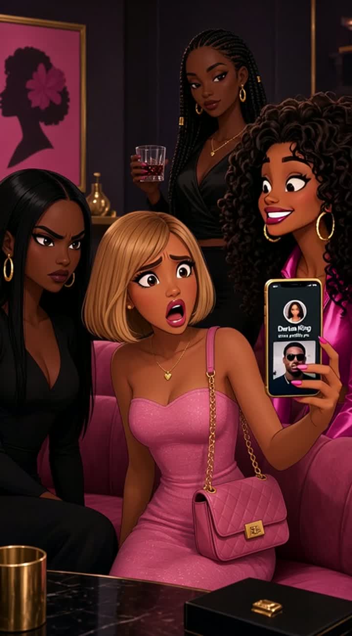 Deep brown skin, long sleek jet-black hair, sharp eyebrows… — AI cartoon