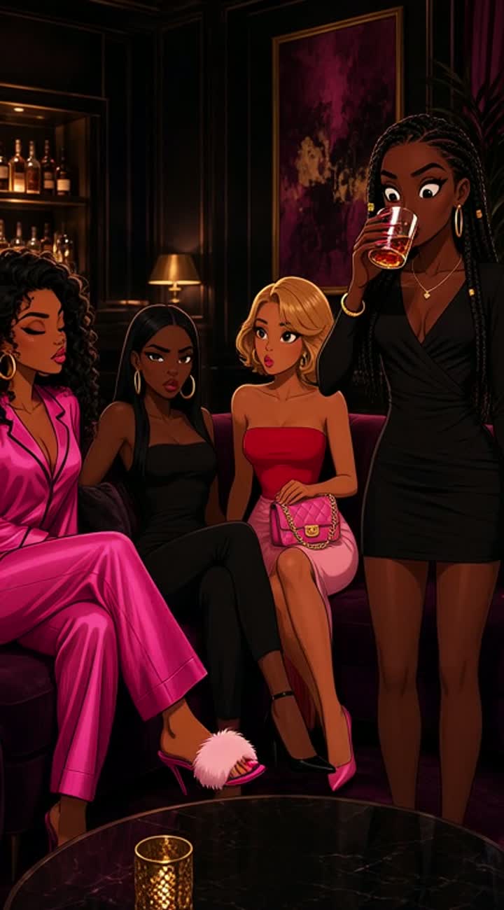Deep brown skin, long sleek jet-black hair, sharp eyebrows… — AI cartoon
