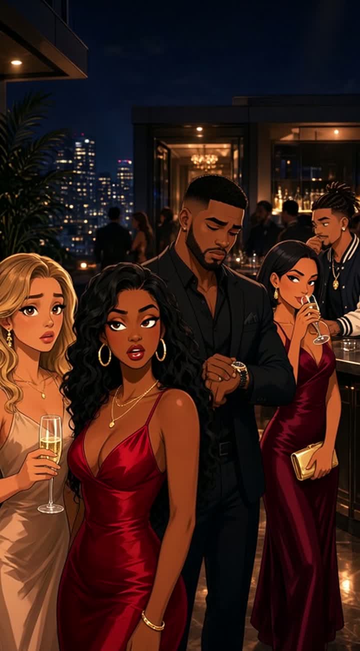 A vibrant, cinematic adult animated drama set at an extravagant… — AI cartoon