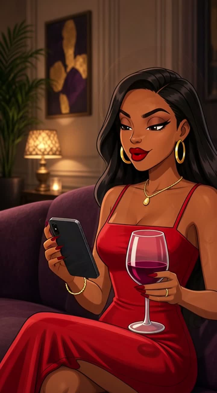 Coco: Long jet-black waves, glamorous red fitted dress… — AI cartoon