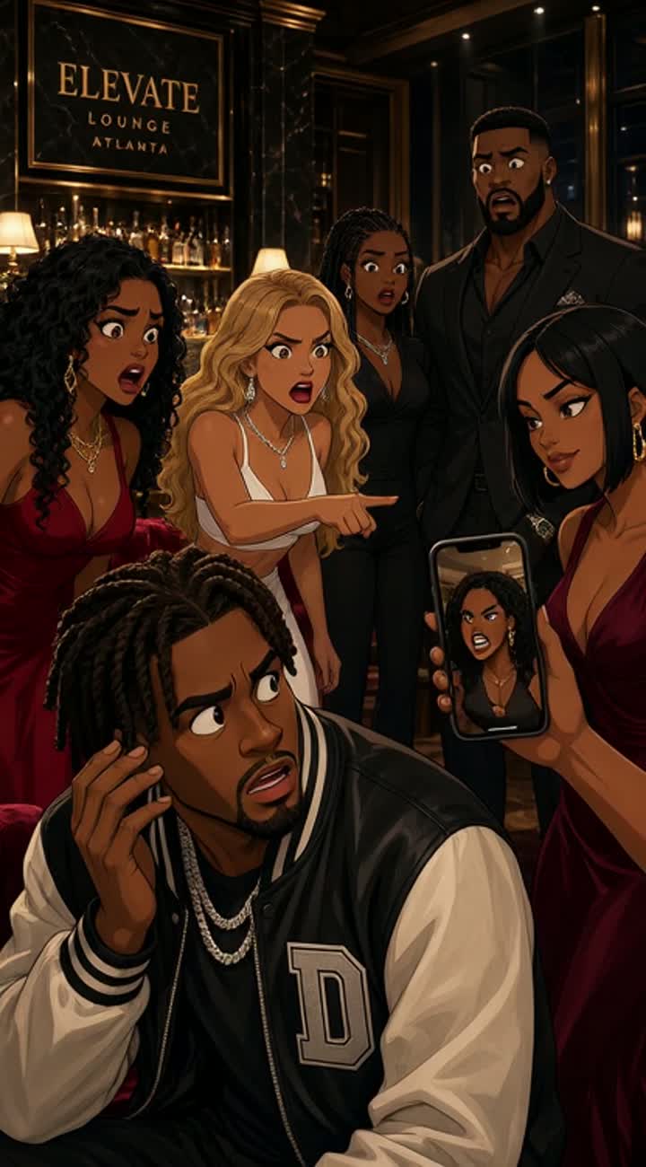 Inside an upscale Atlanta lounge, Coco Banks, a gorgeous… — AI cartoon