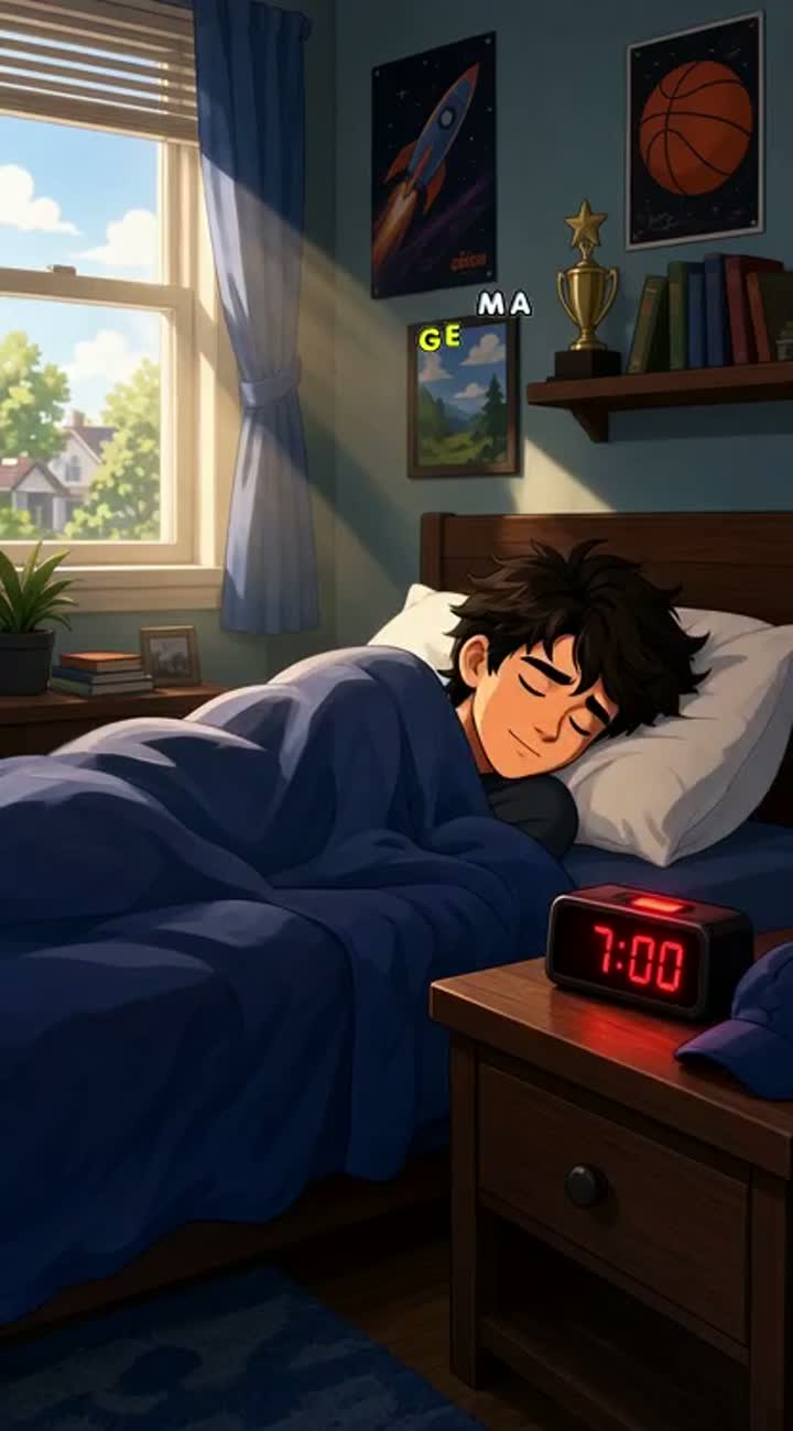 A teenage boy sleeps through his alarm — AI cartoon