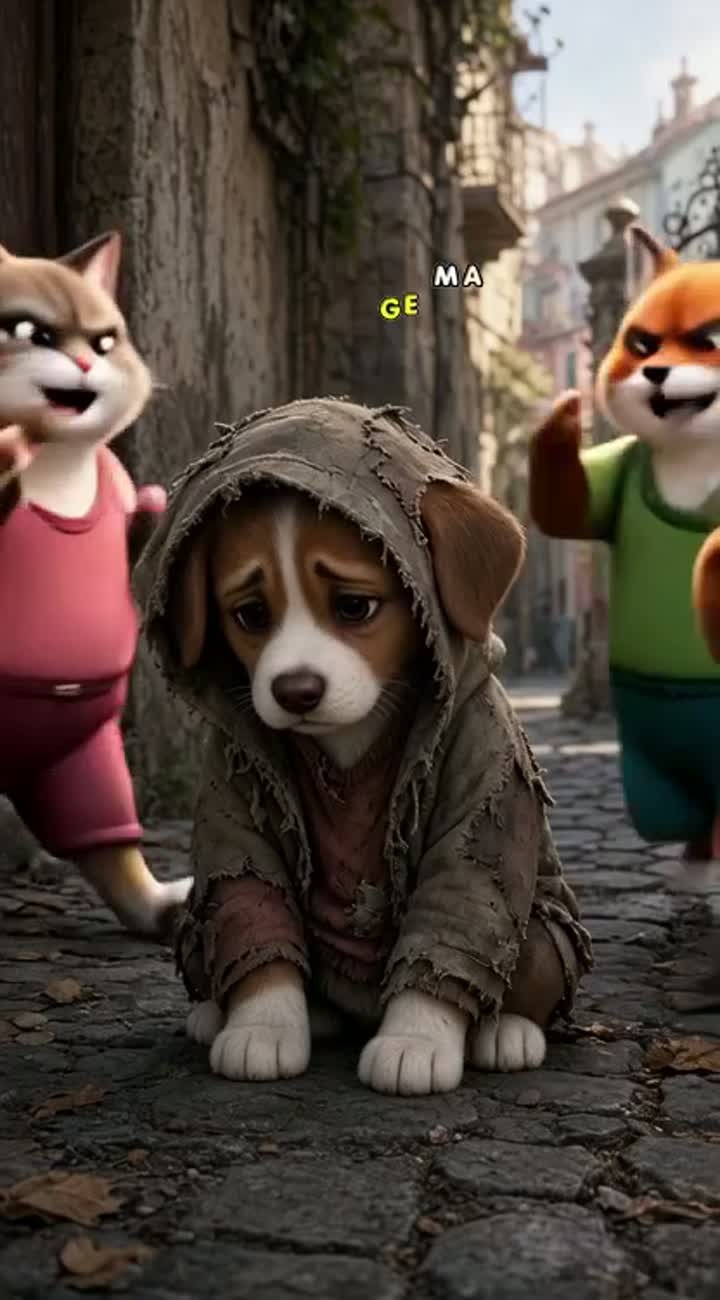 A poor little puppy is bullied for wearing old clothes… — AI cartoon