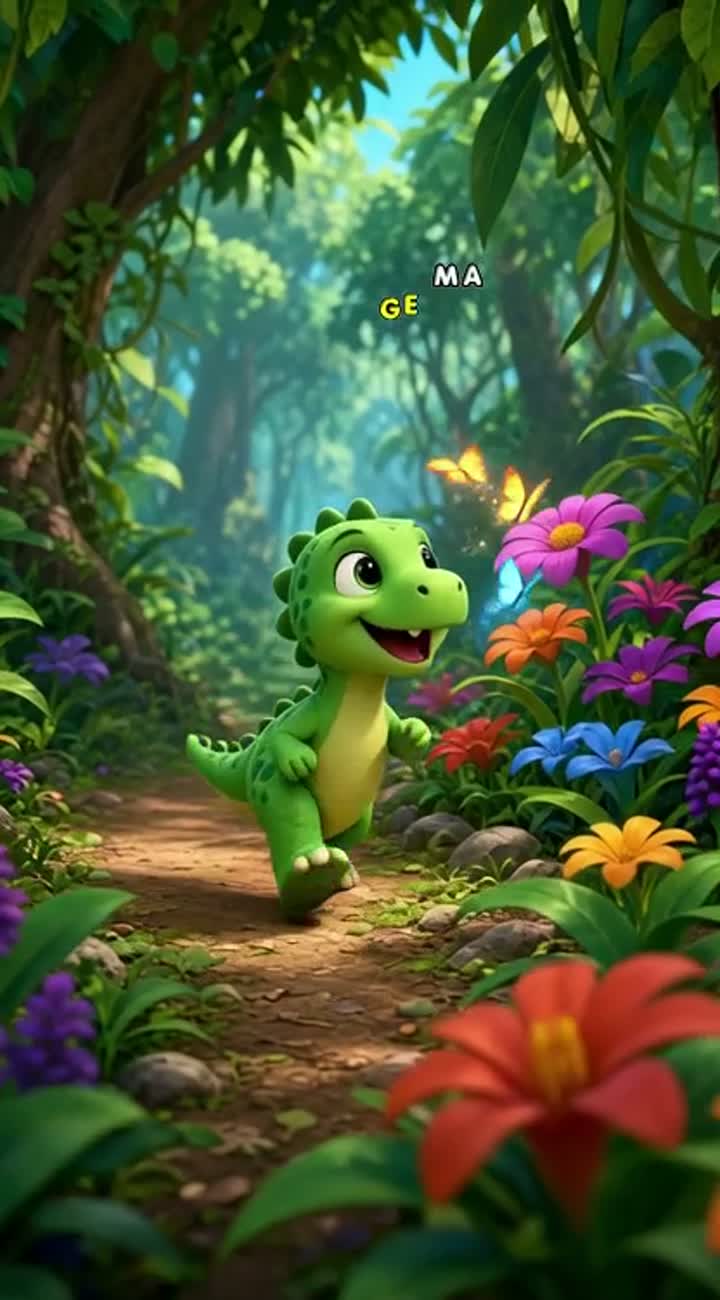 The same little green baby dinosaur walks happily through… — AI cartoon