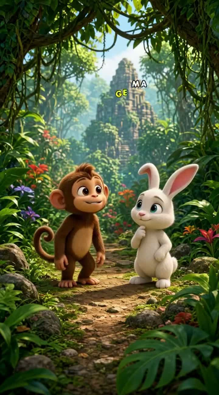 A cute little monkey and a clever rabbit go on an exciting… — AI cartoon