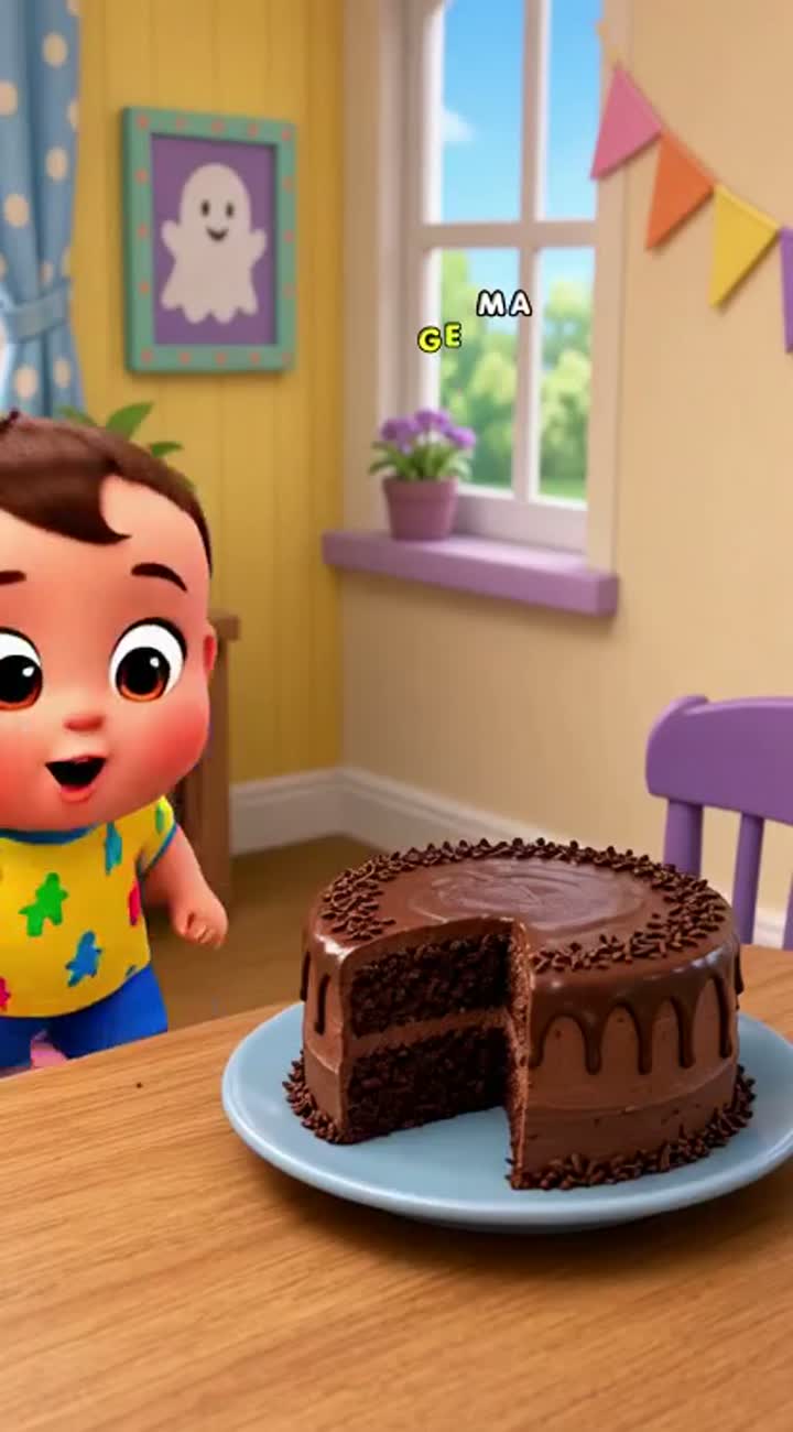 Baby Boo sees a delicious chocolate cake on the table — AI cartoon