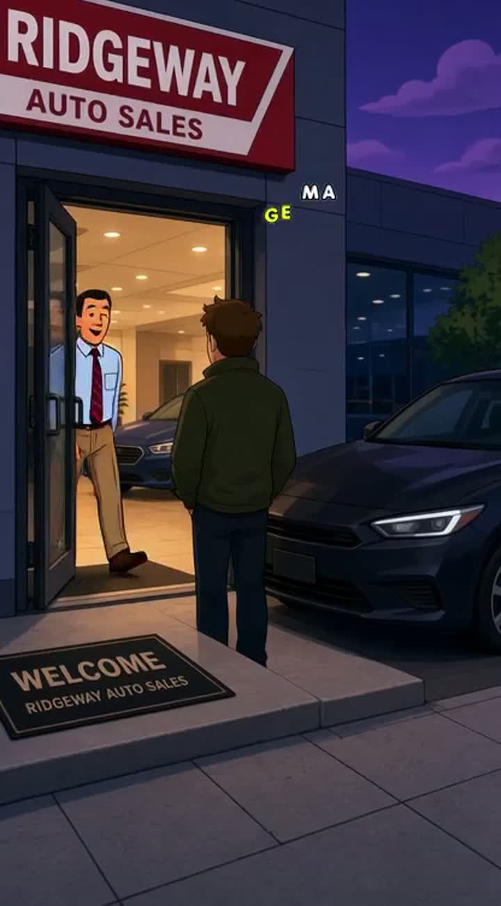A salesman walks out to a customer after a long day — AI cartoon