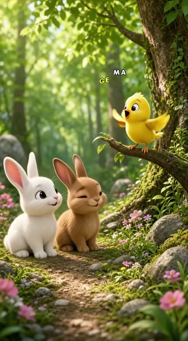A cute little white rabbit and a tiny brown rabbit meet a friendly… — AI cartoon