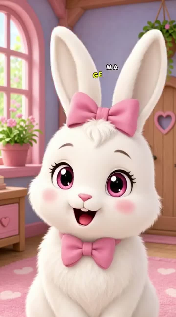 A cute fluffy white bunny girl with a pink bow looks… — AI cartoon