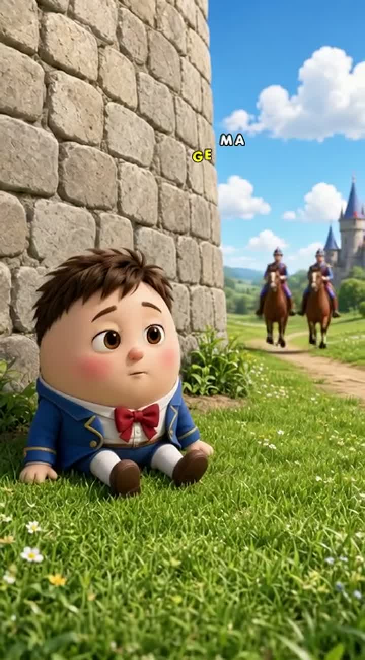 Humpty Dumpty has fallen from the tall stone castle wall… — AI cartoon