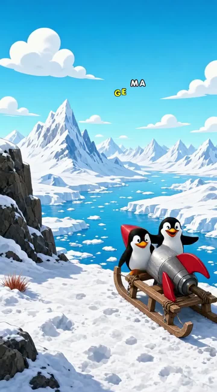 Two penguins racing a homemade rocket sle Animated cartoon… — AI cartoon