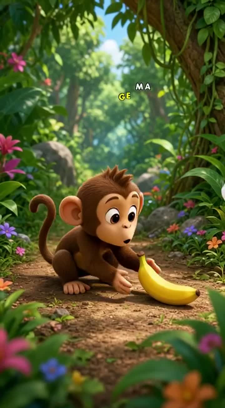 A cute little monkey finds a banana in a — AI cartoon