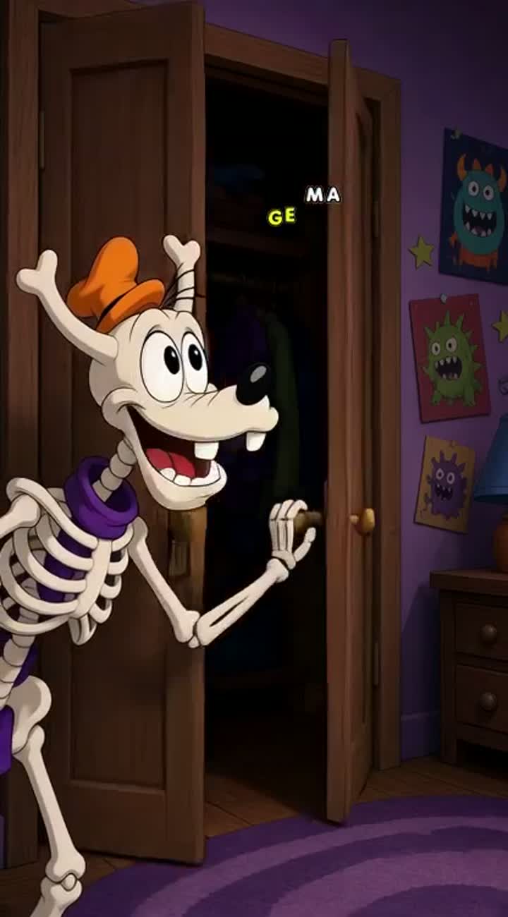 Goofy skeleton opens closet, giant colorful monster jumps out… — AI cartoon
