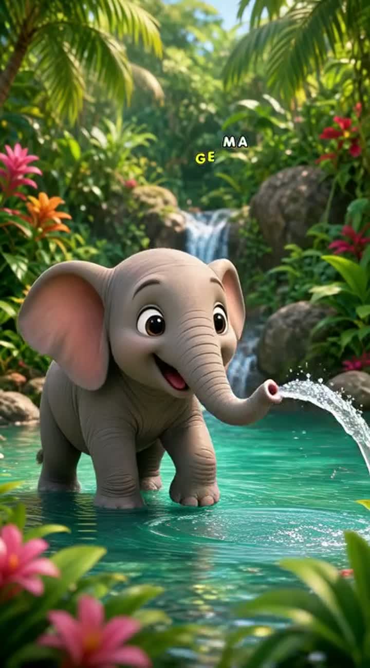 A cute baby elephant with big sparkling eyes playing with water… — AI cartoon