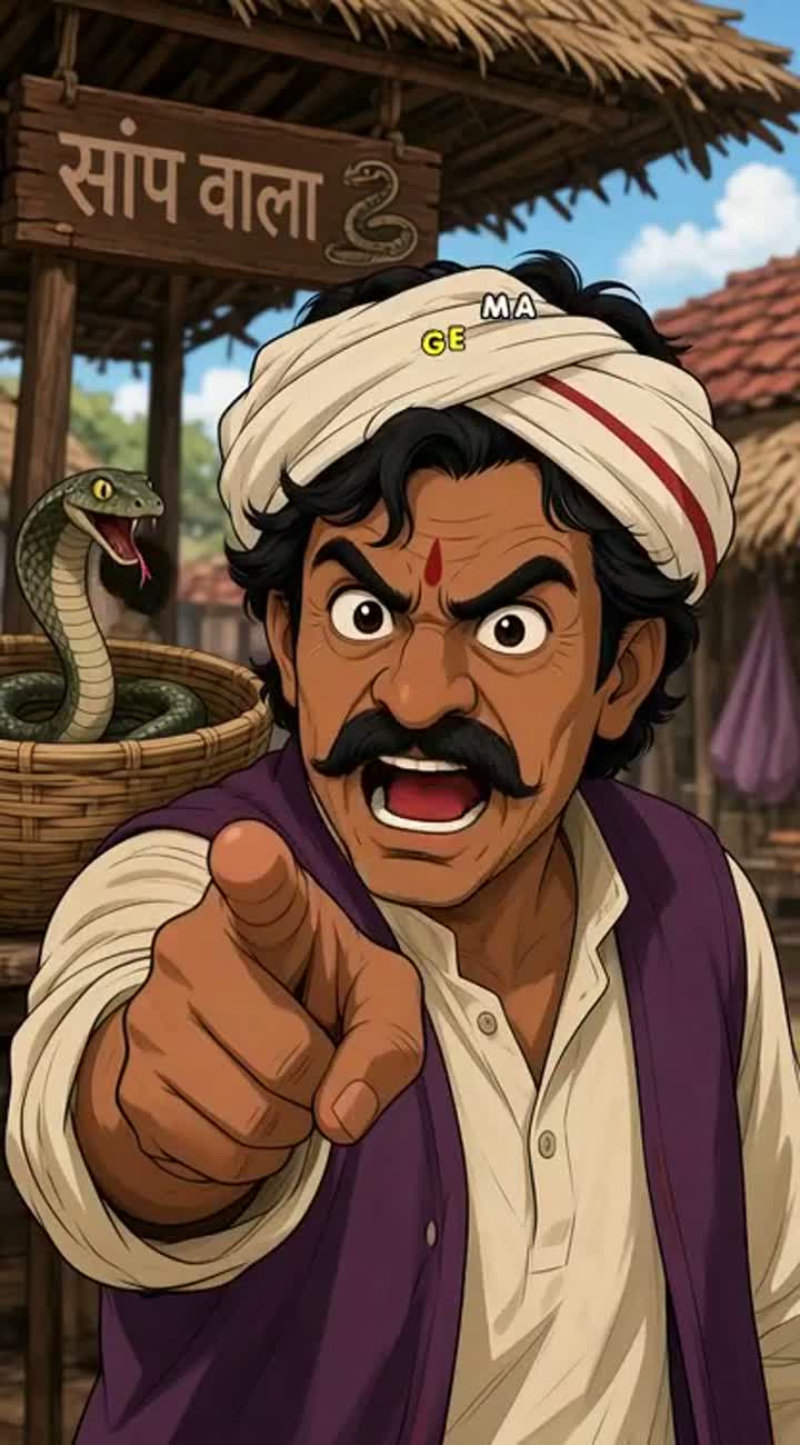 Cut to a close-up of the snake vendor — AI cartoon