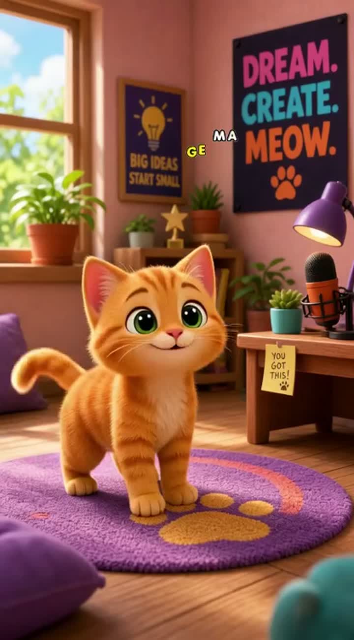 A cute little orange cat starts a YouTube channel… — AI cartoon