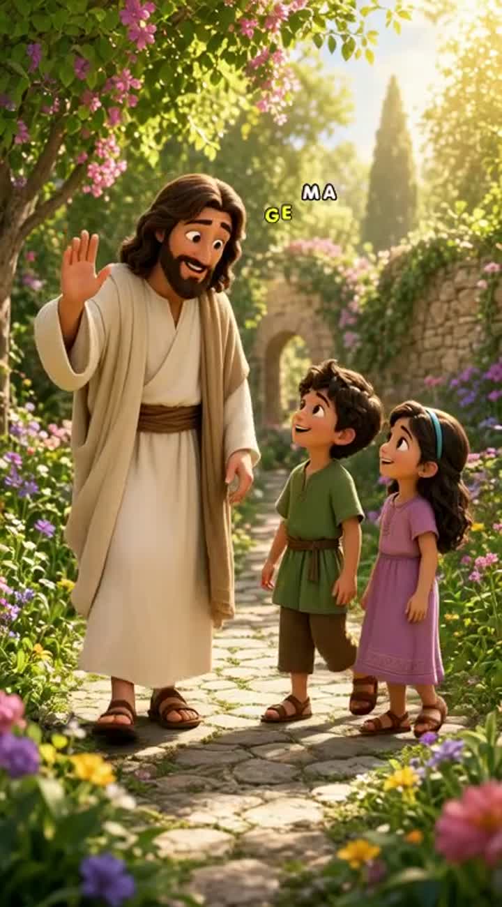 A beautiful 3D animated children's Bible cartoon featuring Jesus… — AI cartoon