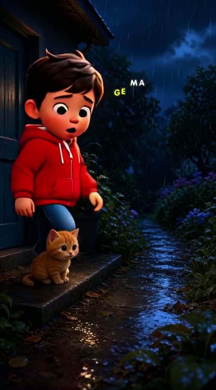 A cute 3D cartoon little boy finds a tiny orange kitten sitting… — AI cartoon