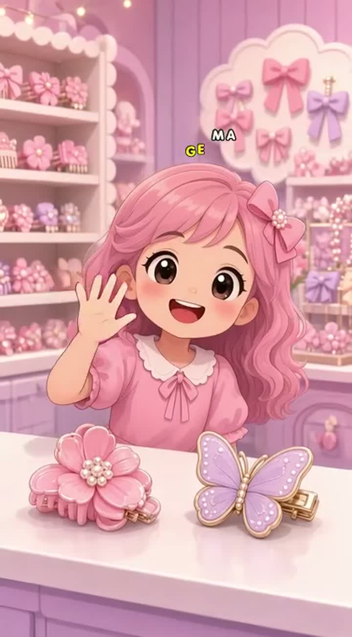 A cute 2D cartoon girl in a magical pastel pink hair accessories shop — AI cartoon