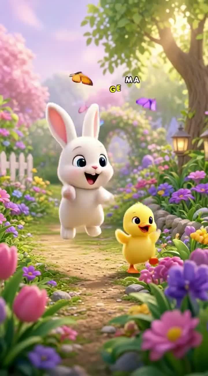 A cute little baby bunny and a tiny yellow duckling play together… — AI cartoon