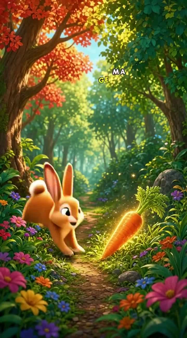 A little rabbit lives in a beautiful, vibrant forest filled… — AI cartoon