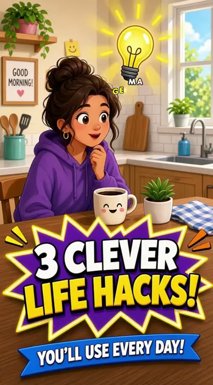 Vertical YouTube Shorts video about 3 clever everyday life hacks — AI cartoon