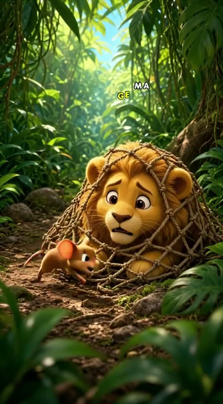 A cute golden lion and a tiny brown mouse in a green jungle — AI cartoon