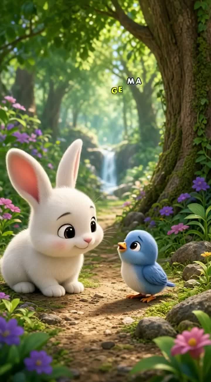 Cute 3D cartoon about a little rabbit who helps a lost baby bird… — AI cartoon