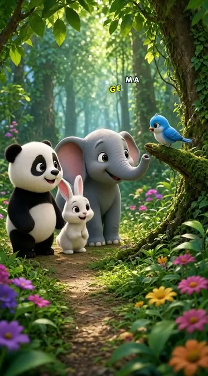 A cute baby panda, a white bunny, and a baby elephant meet a tiny… — AI cartoon